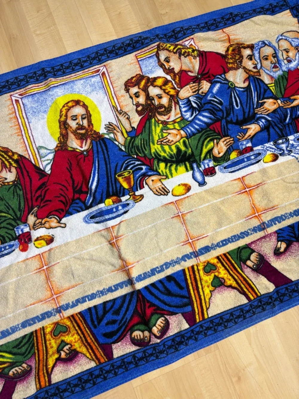 Religious Themed Blue and Multicolor Beach Towel